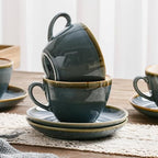 SHUER Ceramic Cappuccino Cup Set of 4, 11.2 OZ Cups and Saucers Set,Coffee Mocha Cup Sets,Black Coffee Cups and Glaze Americano Mug Great for Party and Low Tea Time (Blue 320ml) - Image 4