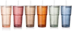 6PCS Ribbed Glass Cups with Lids and Straws, 20oz Vintage Drinking Glasses, Aesthetic Iced Coffee Cups, Glass Tumbler for Boba, Beer, Tea, Cocktails, Ribbed Glassware Set (Colored-6) by SIPBYSOP