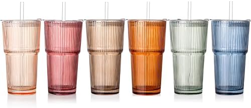 6PCS Ribbed Glass Cups with Lids and Straws, 20oz Vintage Drinking Glasses, Aesthetic Iced Coffee Cups, Glass Tumbler for Boba, Beer, Tea, Cocktails, Ribbed Glassware Set (Colored-6) by SIPBYSOP