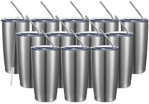 COMOOO 20oz Stainless Steel Tumbler Double Wall Vacuum Coffee Cup Insulated Travel Mug with Lid and Straw Durable Powder Coated Insulated Coffee Cup for Cold & Hot Drinks (Silver, 12 pack by COMOOO