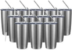 COMOOO 20oz Stainless Steel Tumbler Double Wall Vacuum Coffee Cup Insulated Travel Mug with Lid and Straw Durable Powder Coated Insulated Coffee Cup for Cold & Hot Drinks (Silver, 12 pack by COMOOO