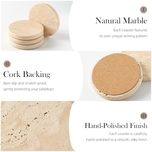 Natural Marble Coaster Set of 4.Round Drinks Coasters,Non-Ceramic/Non-Resin - Image 3