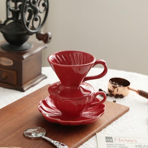 Ceramic Flower-shaped Tea Cup and Saucer Set 5oz/150ml Cappuccino Coffee Mug and Saucer, Unique Designer Pottery Gift for Tea Lovers (Red) - Image 5