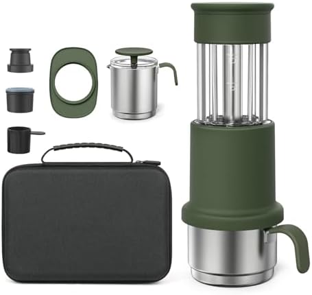 Portable Manual Espresso Coffee Maker, 2-in-1 Design,120 Ml Stainless Steel Cup, Milk Frother, with Traveling Bag, Lightweight and Compact for Camping and Travel (Green) by Unknown