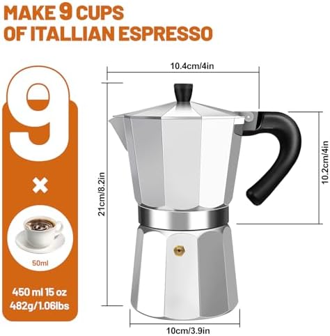 9 Cup Aluminum Espresso Stovetop Moka Pot Express Coffee Maker Percolator Italian Classic Mocha Coffee Machine with Black Electric Coffee Grinder Touchscreen 2-14 Cup Conical Burr Coffee Grinde - Image 2