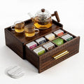 Acacia Wood Tea Bag Organizer with Storage Drawer | 8 Compartments Tea Caddy with Pattern Carving & 2 Ceramic Absorbent Coasters | Wooden Teabag Holder Tea Organizers for Countertop (Walnut) by Unknown