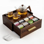 Acacia Wood Tea Bag Organizer with Storage Drawer | 8 Compartments Tea Caddy with Pattern Carving & 2 Ceramic Absorbent Coasters | Wooden Teabag Holder Tea Organizers for Countertop (Walnut) by Unknown
