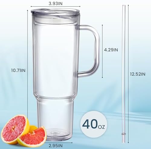 40 oz plastic tumbler with handle and Straw Lid，clear tumbler，Double Wall Vacuum Reusable plastic Water Bottle Travel Mug Cup，Classic Acrylic Tumblers (4 Pack) - Image 2