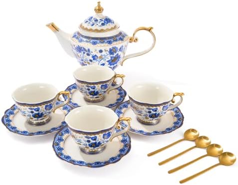 Fine Bone China Tea Set with Teapot, Teacups & Spoons & Saucers 13-Pieces Blue, Porcelain White & Gold Detailed Dream Vintage Floral - Coffee & Teas, Gifts for Mom, Her, Housewarming, Wedding Service - Image 4