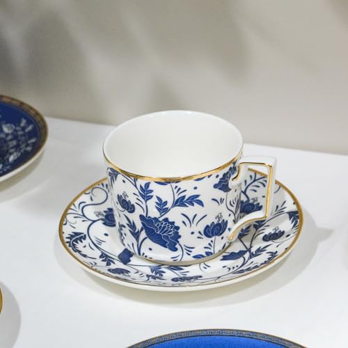 ACMLIFE Bone China Tea Cups and Saucers Set of 4, 6.8 oz Blue and White Tea Cups Set of 4, with Gold Trim and Gift Box (Blue-4) - Image 4
