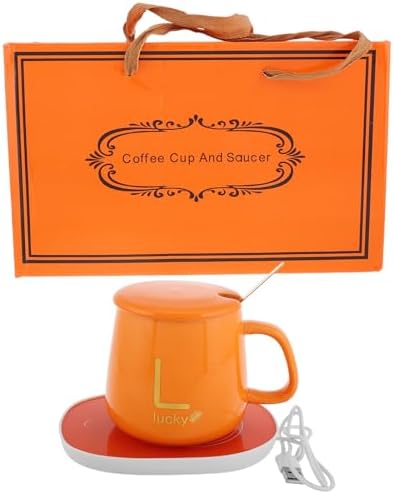 Ipetboom Electric Ceramic Coffee Mug Warmer Set with Auto Shut-Off USB Heating Plate, Office Desk Beverage Heater for Tea and Milk, Portable Orange Insulated Cup Set by Unknown