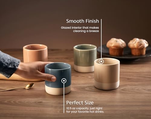 KooK Latte Cups, Ceramic Artisanal Stoneware, No Handle, Japanese Tea Cups, For Coffee, Tea, Cocoa, Microwave and Dishwasher Safe, Multicolor, 10.5 oz, Set of 4 - Image 2
