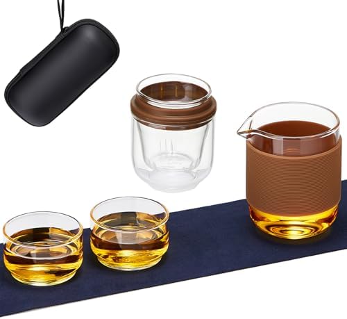 DOPUDO Glass Teacup Infuser Set, Portable Glass Tea Pot with 1 Strainer, 2 Cups, 1 Master Mug, Clear Borosilicate Glass, 5.1 oz Capacity, Brown by DOPUDO
