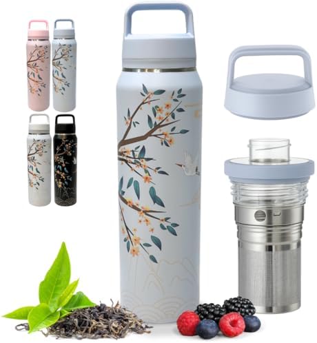 Farasi Tea Infuser Bottle for Loose Leaf Tea Insulated Stainless Steel Water Bottle Tumbler - Portable Coffee, Fruit, Loose Leaf Infuser Mug- Leakproof Blue Floral 24 oz by WellnessHydrationBeyond