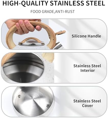3 Quart Stainless Steel Whistling Tea Kettle – Natural Stone Finish Teapot with Cool-Touch Wood Handle, Loud Whistle & Rust-Resistant Base(white) - Image 4