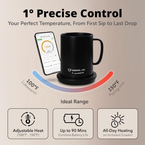 Brewbliss Temperature Control Smart Mug, 14 Oz, App-Controlled & Self-Heating Coffee Mug with 90 Min Battery Life, 1°F Precise Temperature Control Mug Warmer, Gift for Christmas & Birthdays - Black - Image 4