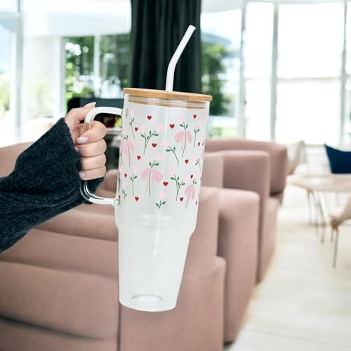Sip-Sip Hooray! Birth Flower Bow 40oz Glass Tumbler with Lid and Straw - Image 3
