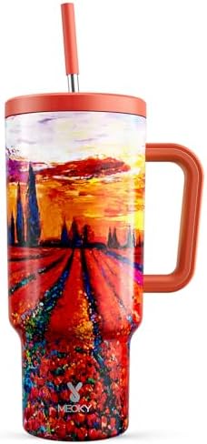 Meoky 40 oz Tumbler with Handle and Straw: Stainless Steel Insulated Tumbler with Lid and Straw - 100% Leak Proof Tumbler for Car Cup Holders - Travelers Commuters Workers, Red Floral by MEOKY