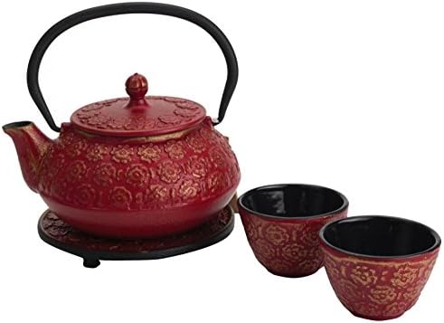 M.V. Trading T8200 Cast Iron Tea Set with Trivet, 22 Ounce, Burgundy Floral Design by MVTrading
