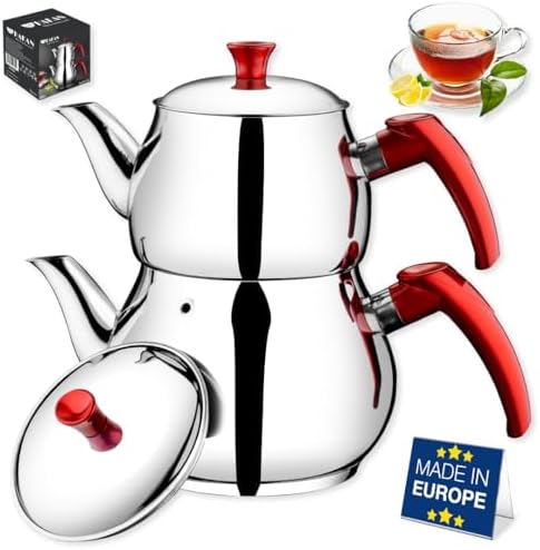 Hakan Stainless Steel 2.8 L, 93 Oz, Midi Double Bondy Tea Pot Set with Self Strainer Double Lids, Turkish Samovar Style Teapot Set, Tea Kettle for Loose Leaf Tea with Red Bakelite Handle 2.9-Quart by HAKAN