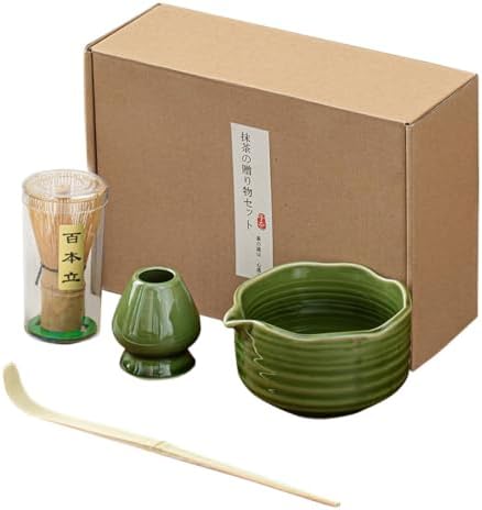 Matcha Whisk Set, 18.6oz Ceramic Matcha Bowl with Spout, Bamboo Whisk, Whisk Holder, Scoop - 4Pcs Elegant Matcha Set for Gifting and Personal Use Dark Green by Unknown
