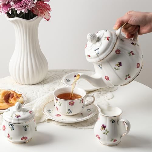 Sweejar 23 Pcs Floral Tea Sets with Metal Holder, Relief Gold Rim Porcelain Tea Sets for Adults, Cup and Saucer Set for 6, with Teapot, Sugar Bowl, Milk Jug, Spoons (Garden) - Image 5