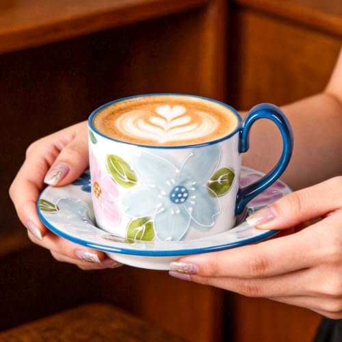KAMMAK Coffee Cups and Saucers Set of 2, 8.5oz Ceramic Tea Cup with Saucer - Image 6