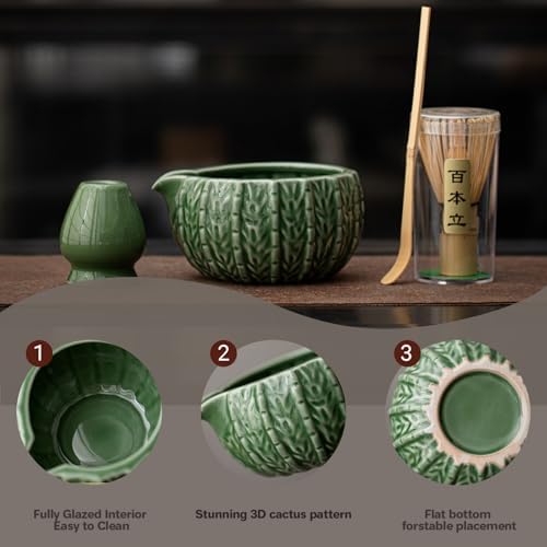 Matcha Whisk Set, 8-Piece 3D Cactus Design Ceramic Set with Glazed Bowl, Bamboo Whisk & Sifter, Easy Clean (Sky blue) - Image 4