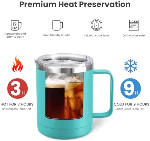 MEWAY 12oz Coffee Mug With Handle 8 Pack Bulk,Stainless Steel Insulated Travel Tumblers With Sliding Lid,Double Wall Vacuum Camping Cup for Hot & Cold Drinks Tea (Light Green,Set of 8) - Image 3