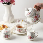 Sweejar 23 Pcs Floral Tea Sets with Metal Holder, Relief Gold Rim Porcelain Tea Sets for Adults, Cup and Saucer Set for 6, with Teapot, Sugar Bowl, Milk Jug, Spoons (Rose Flower) - Image 4