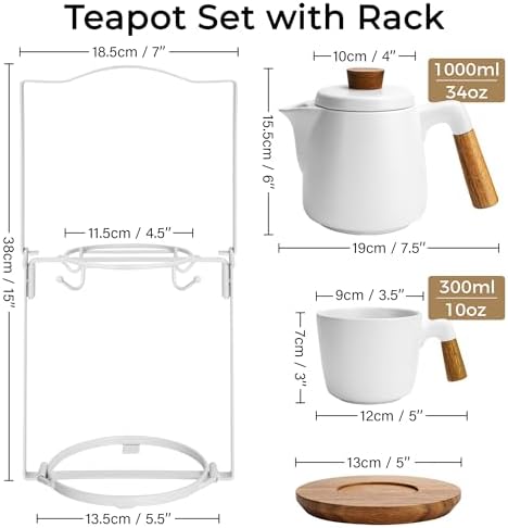 MIAMIO - Teapot Set with 4 Cups & Rack (34/10 oz) with Infuser (White) - Image 2