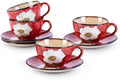 8 Oz Floral Porcelain Cappuccino Cups with Saucers Set of 4, Stoneware Tea Coffee Mugs for Home Kitchen & Office, Dishwasher Microwave Oven Safe, for Espresso, Latte, Americano, Milk & Tea, Red by WHITEPENOY