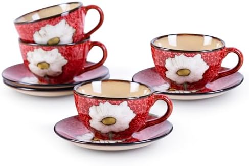 8 Oz Floral Porcelain Cappuccino Cups with Saucers Set of 4, Stoneware Tea Coffee Mugs for Home Kitchen & Office, Dishwasher Microwave Oven Safe, for Espresso, Latte, Americano, Milk & Tea, Red by WHITEPENOY