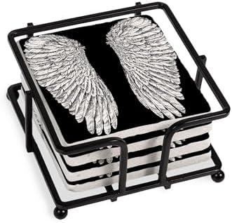CafePress Angel Wings Black Tumbled Stone - Set of 4 Coasters Set of 4 w/holder by CafePress