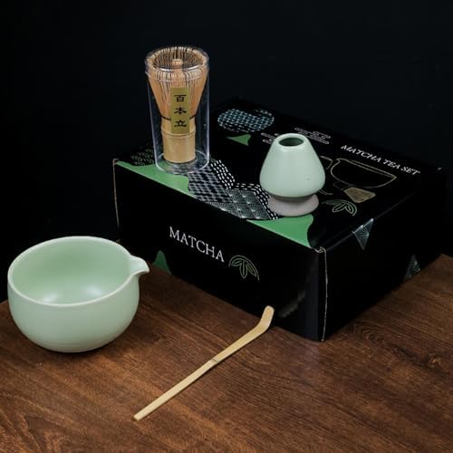 Green Japanese Matcha Tea Set of 4 Ceremony Matcha Kit with Matcha Bowl(Chawan) with Pouring Spout, Matcha Whisk (Chasen), Scoop (Chashaku) for Japanese Tea Ceremon by Auerhceram