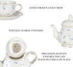 Sweejar 23 Pcs Floral Tea Sets with Metal Holder, Relief Gold Rim Porcelain Tea Sets for Adults, Cup and Saucer Set for 6, with Teapot, Sugar Bowl, Milk Jug, Spoons (Blue Flower) - Image 4