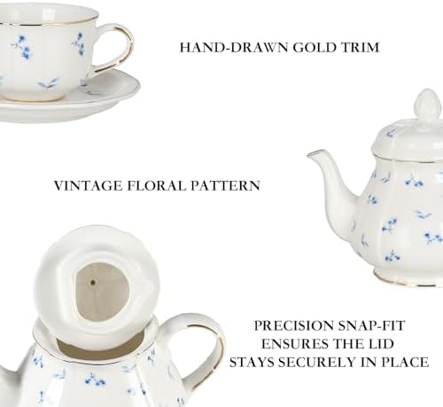 Sweejar 23 Pcs Floral Tea Sets with Metal Holder, Relief Gold Rim Porcelain Tea Sets for Adults, Cup and Saucer Set for 6, with Teapot, Sugar Bowl, Milk Jug, Spoons (Garden) - Image 4