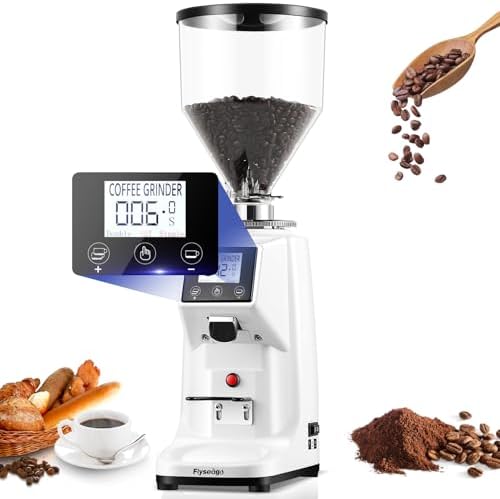 64mm Commercial Electric Coffee Grinder, SS Flat Burr Touchscreen, White by Flyseago
