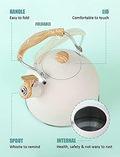 Tea Kettle, BELANKO 85 OZ / 2.5 Liter Whistling Tea Kettle Pots for Stove Top Food Grade Stainless Steel with Wood Pattern Folding Handle, Loud Whistle for Tea, Coffee, Milk - Milk White - Image 4