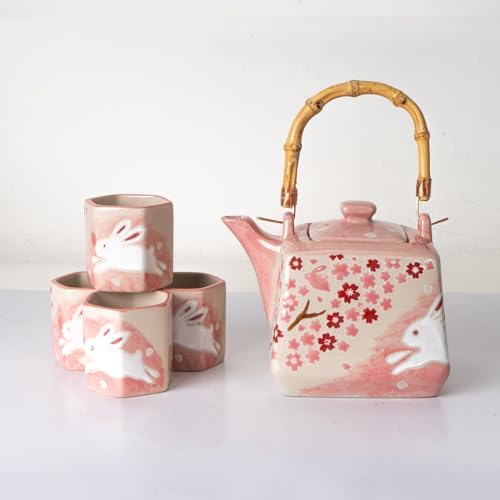 Porcelain Tea Set Square Shape 20 fl oz Teapot with 4 Hexagon Cups Hand Painted Cherry Blossoms Rabbit Design Top Handle Japanese Style (Pink) - Image 2
