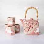 Porcelain Tea Set Square Shape 20 fl oz Teapot with 4 Hexagon Cups Hand Painted Cherry Blossoms Rabbit Design Top Handle Japanese Style (Pink) - Image 2