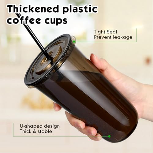 Ziliny 50 Sets 20 oz Black Plastic Iced Coffee Cups with Lids and Straws - Image 4