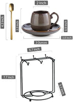 LYEOBOH 3 Ounce Espresso Cups and Saucers Set of 6, Ceramic Small Coffee Cups with Metal Holder and Spoons, Cute Demitasse Cups for Tea, Espresso, Latte, Cafe Mocha, Brown - Image 2