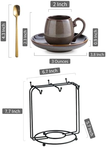 LYEOBOH 3 Ounce Espresso Cups and Saucers Set of 6, Ceramic Small Coffee Cups with Metal Holder and Spoons, Cute Demitasse Cups for Tea, Espresso, Latte, Cafe Mocha, Brown - Image 2