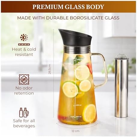 Glass Cold Brew Coffee Maker 1L/33oz - Borosilicate Glass Pitcher with Stainless Steel Filter, No Plastic Taste, Airtight Lid & Ergonomic Handle, Fits Fridge Door, Iced Coffee & Tea Maker - Image 6