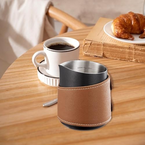 Handleless Milk Frothing Cup Slanted Mouth Latte Cup Milk Frothing Pitcher Stainless Steel Milk Frother Jug with Leather Case - Image 3
