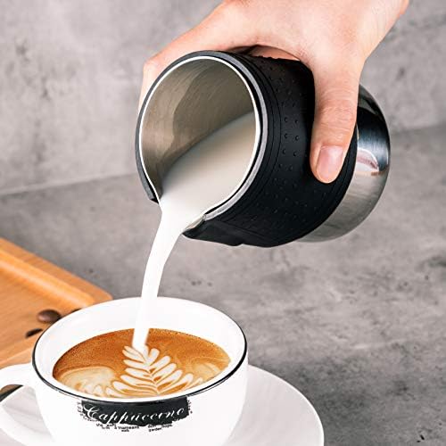 Stainless Steel Milk Frothing Pitcher, 12oz/350ml Milk Coffee Cappuccino Latte Art Frothing Pitcher Barista Milk Jug Cup Super Control Heat Resistant Silicone Grip Pads by Wolltoll