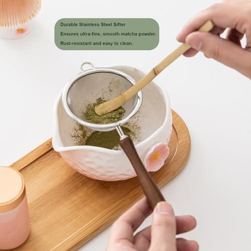 8-Piece Matcha Set - Portable Travel Tea Gift Box (Chawan, Bamboo Whisk, Chashaku, Sifter, Tea Caddy, Plate, Carry Bag) - Matcha Whisk Set (Yellow) - Image 4