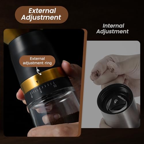 VEVOK CHEF Manual Coffee Grinder 10 External Adjustment Fashion Bean Grinder Stainless Steel Double Bearing Conical Burr Portable Hand Coffee Mill for Home,Camping,Gold - Image 3