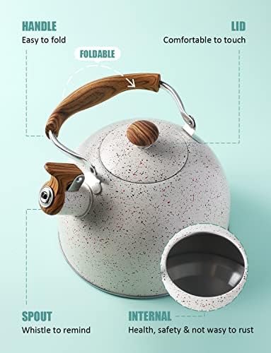 Tea Kettle, BELANKO 85 OZ / 2.5 Liter Whistling Tea Kettle, Tea Pots for Stove Top Food Grade Stainless Steel with Wood Pattern Folding Handle, Loud Whistle Kettle for Tea, Coffee, Milk - Cream White - Image 4